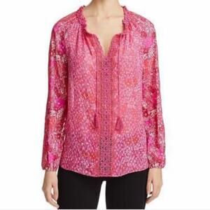 Elie Tahari Silk Tassel Tie Pink White Floral Blouse Appliqué Sleeves S